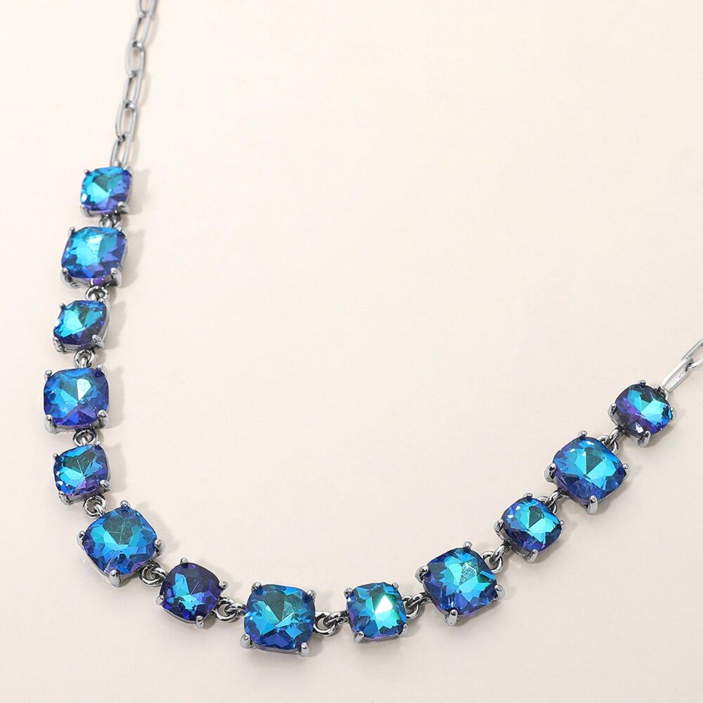 Antique Silver Blue Square Stone Link Crystal Necklace Chain Evening